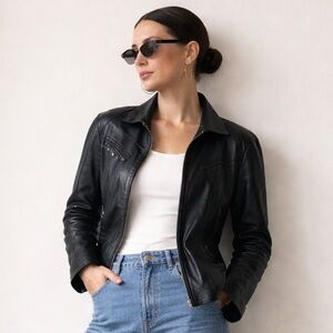 Vintage 90s Fitted Wilson’s Black Leather Jacket Y2K Minimalist Tailored Med